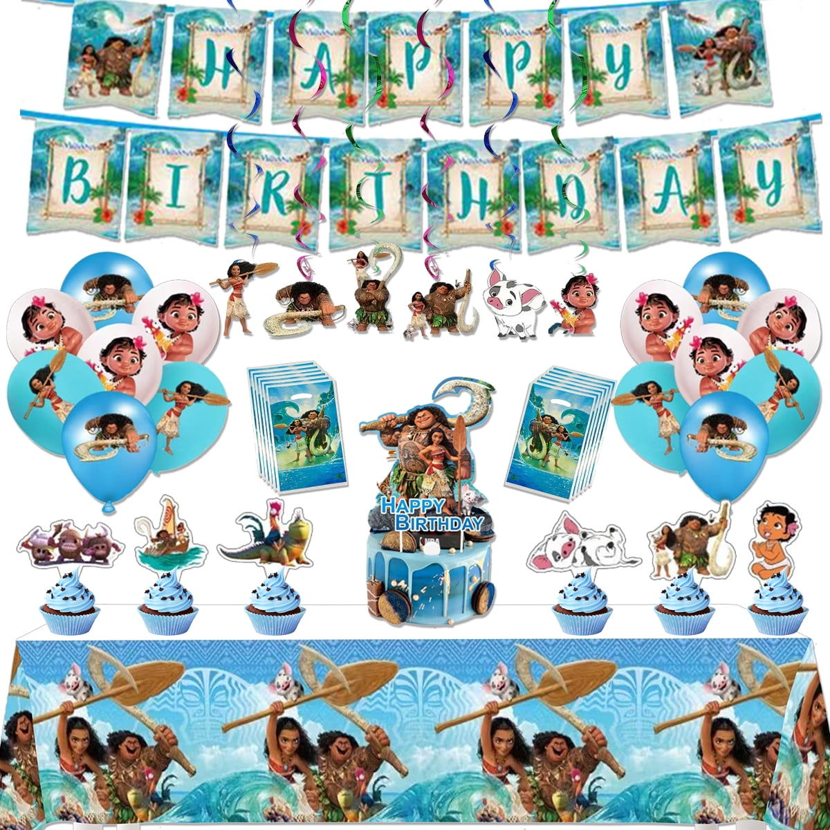 Maui Moana Birthday Party Supplies - 61PCS Moana Party Decorations with Banner, Cupcake and Cake Toppers, Latex Balloons, Hanging Swirls,Tablecloth,Gift Bag for Kids Party Decor