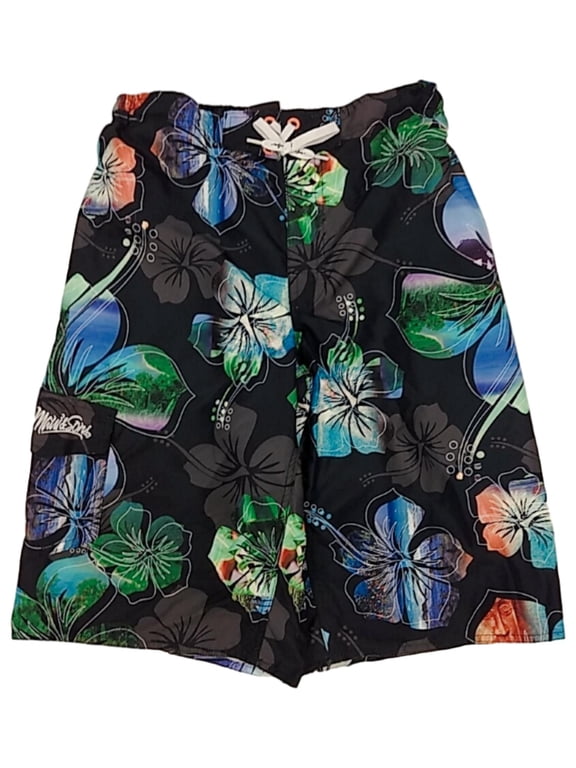 Maui & Sons Boys Black Floral Board Shorts Drawstring Swim Trunks XL 18-20