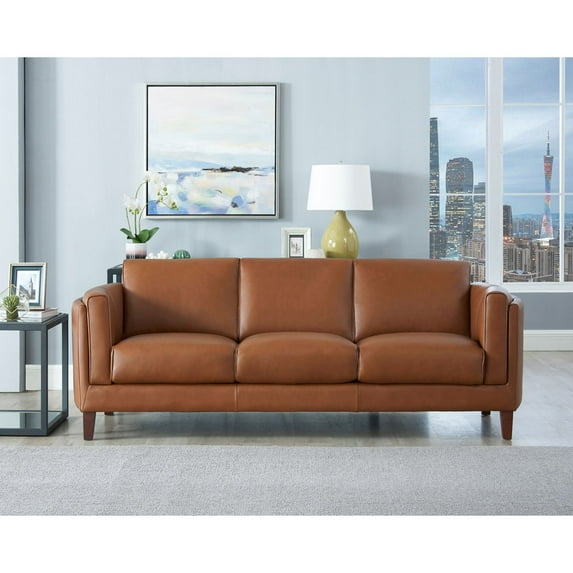 Maui Top-Grain Leather Sofa | 3-Seater, 88" | Premium Brown Genuine Leather, Down-Filled Cushions, Pocket Coils | Durable Kiln-Dried Wood Frame | Ultimate Comfort for Living Room
