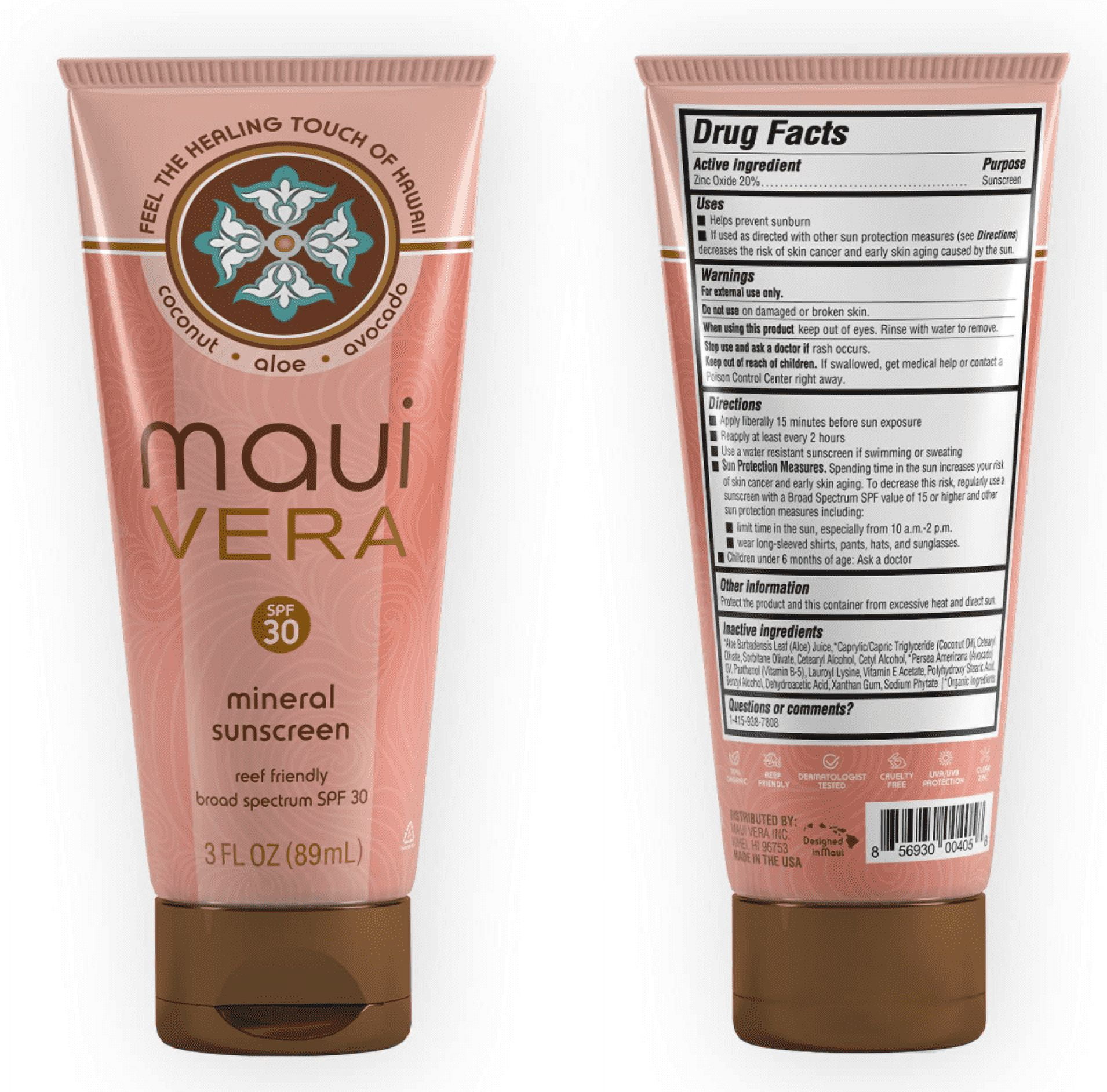 Maui Vera SPF 30 Reef-Friendly Mineral Sunscreen 3 Oz Travel Size
