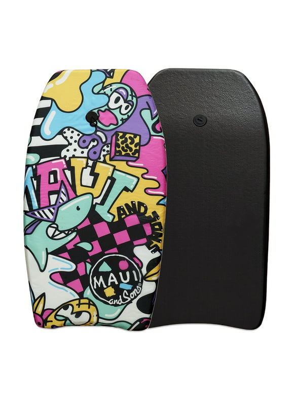 Maui and Sons 33 inch Lightweight Bodyboard with Leash - Graffiti in Yellow and Pink
