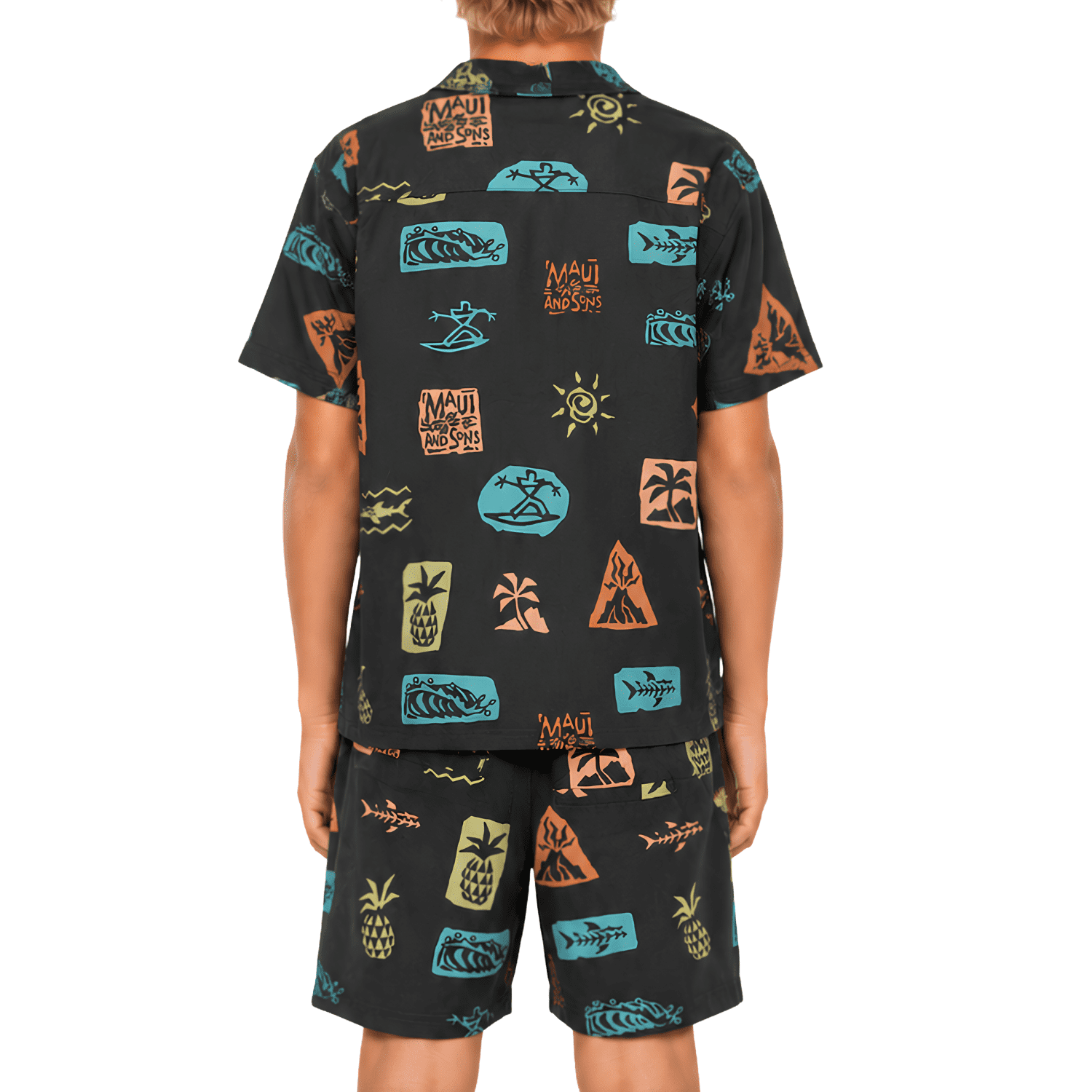 Maui and Sons Boys Cabana Set, Roots Woven Shirt and Shorts, Black, Summer Vacation Outfit