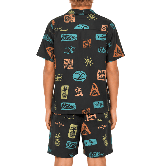 Maui and Sons Boys Cabana Set, Roots Woven Shirt and Shorts, Black, Summer Vacation Outfit