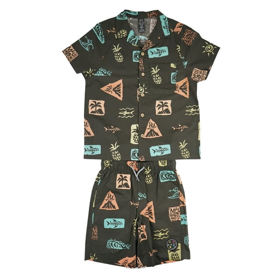 Maui and Sons Boys Cabana Set, Roots Woven Shirt and Shorts, Black, Summer Vacation Outfit