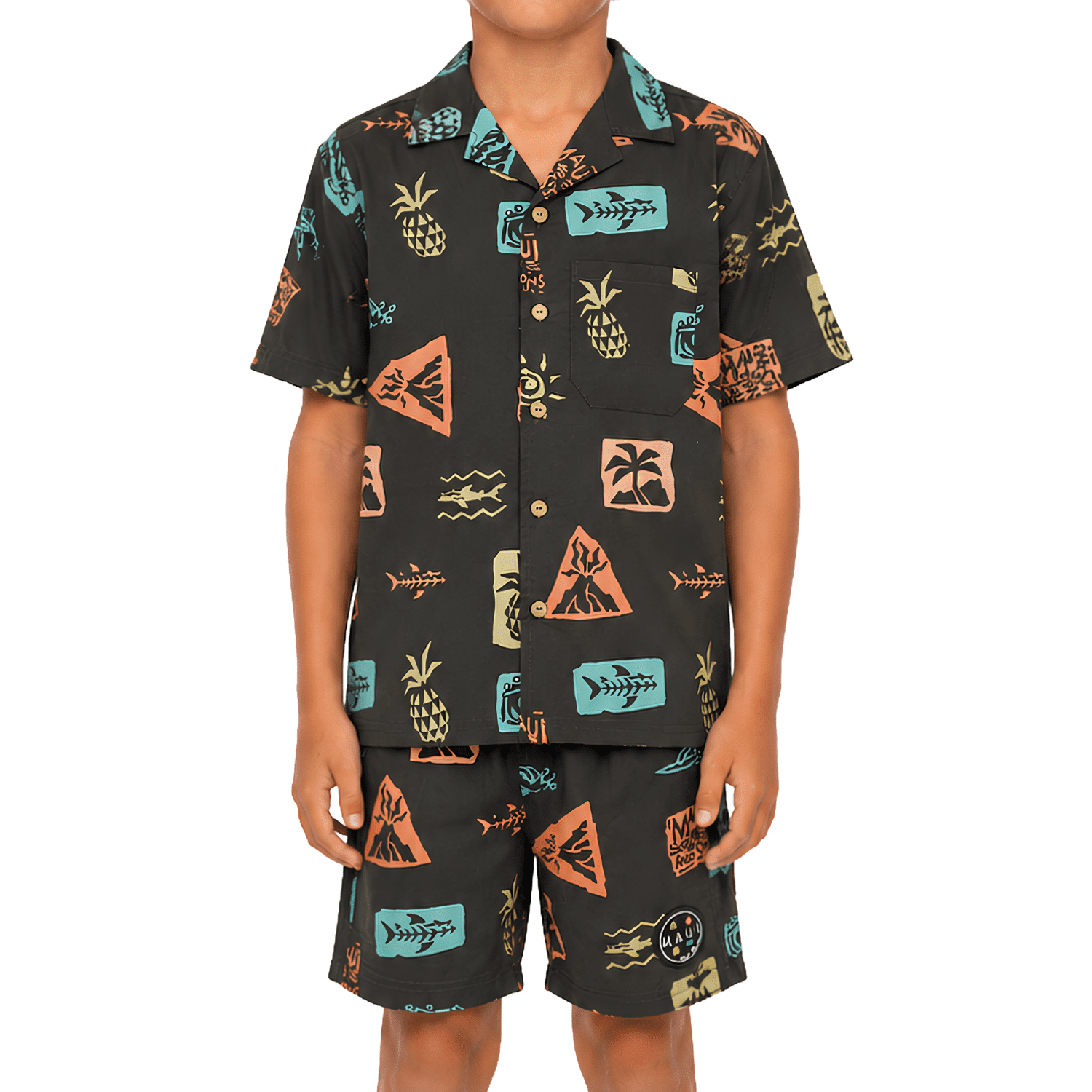 Maui and Sons Boys Cabana Set, Roots Woven Shirt and Shorts, Black, Summer Vacation Outfit