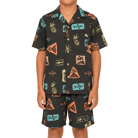 MAUI AND SONS Boys Cabana Set, Roots Woven Shirt and Shorts, Black, Summer Vacation Outfit