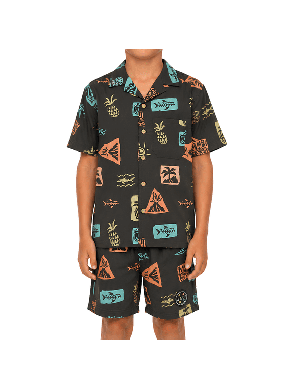 Boys Cabana Set, Roots Woven Shirt and Shorts, Black, Summer Vacation Outfit