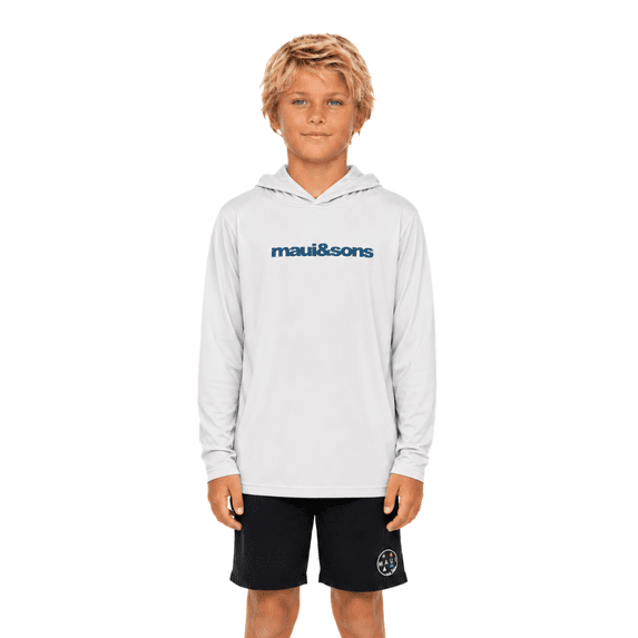 Maui and Sons Boys Hooded LS Sunshirt, The Beach UV Protection Top, White, Swim Cover Sunwear