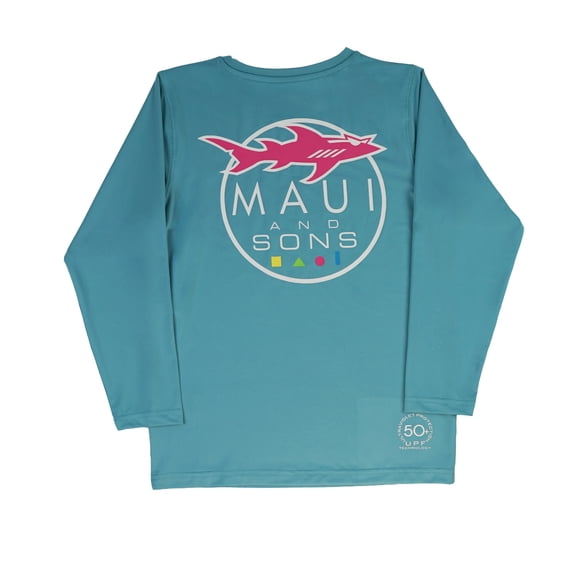 Maui and Sons Boys LS Sunshirt, Shark Logo Swim Shirt, Deep Ocean, Outdoor UPF Activewear