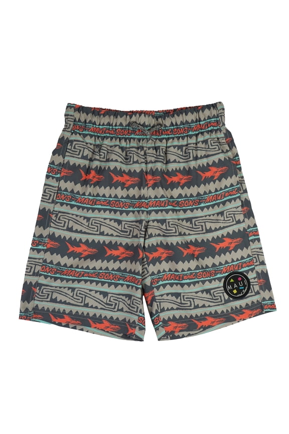 Boys Swim Shorts, El Sharko Pool Trunks, Deep Coral, Quick-Dry Surf Bottoms