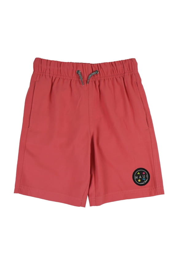 Boys Swim Shorts, Solid Color Pool Trunks, Deep Coral, Classic Fit Watershorts