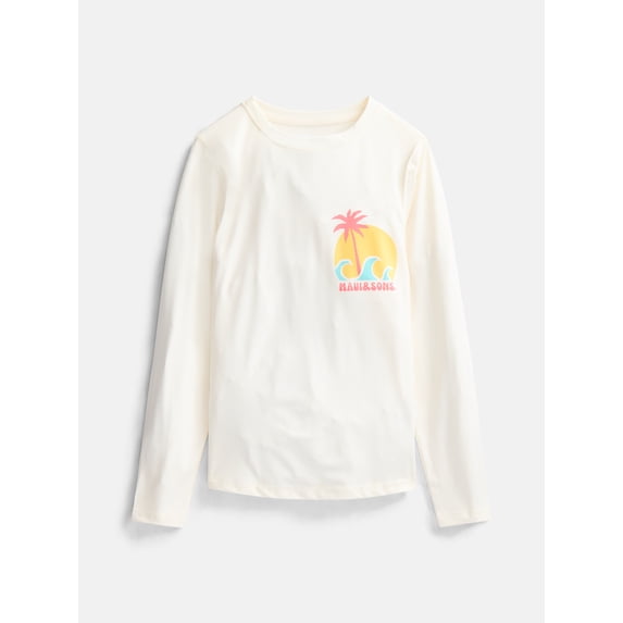 Maui and Sons Girl's Every Wave White Long Sleeve Sun Shirt Made With 50+ UPF Protection Moisture Wicking Fabric Designed for Everyday Comfort