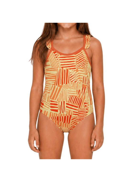 Girls Squiggy Ruffle One-Piece Swimsuit, High Performance Stretch Bathing Suit and Athletic Swimwear for Kids