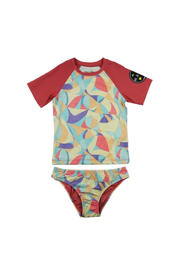 Girls Swimsuit, Mod Txtl 2Pc Raglan Set, Deep Coral, Sporty Swimwear for Active Days