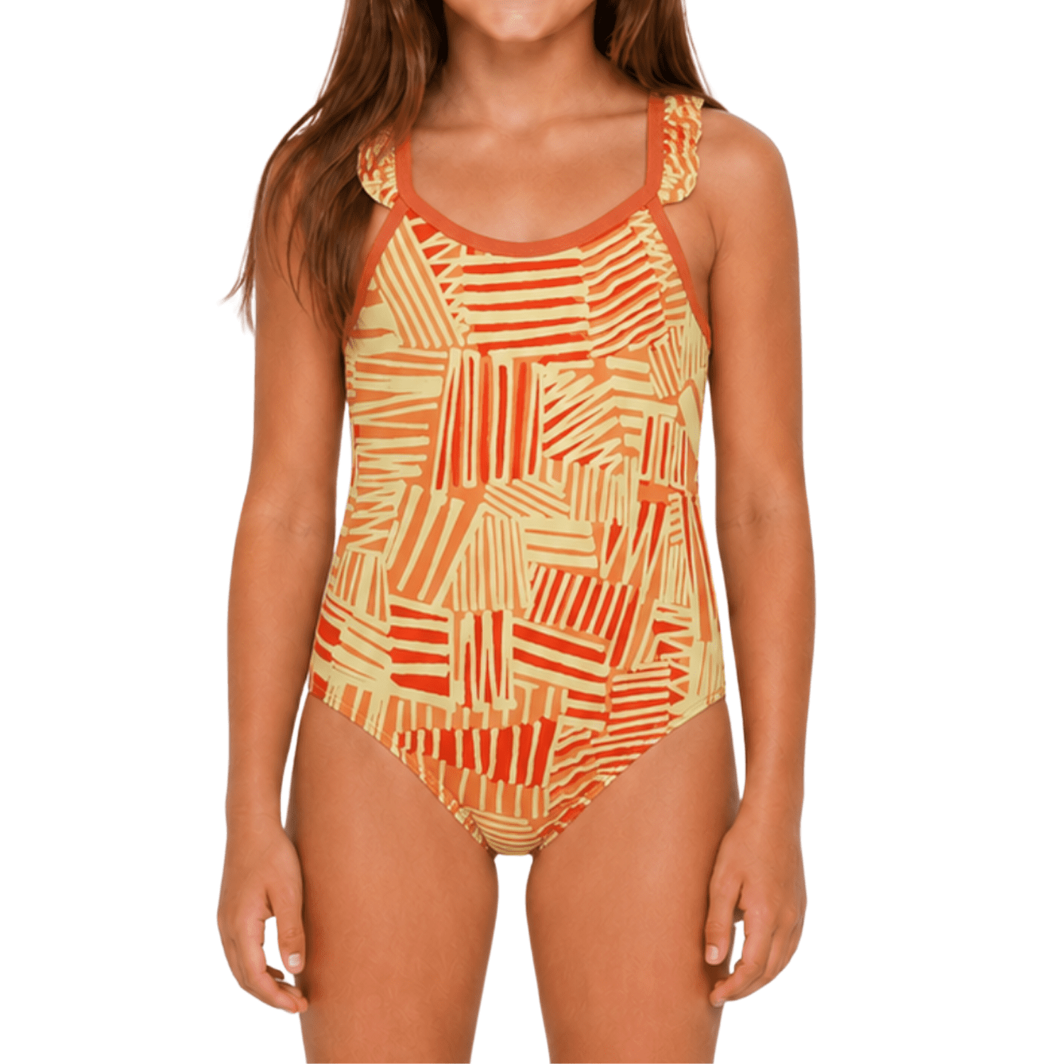Maui and Sons Girls Squiggy Ruffle One-Piece Swimsuit, High Performance Stretch Bathing Suit and Athletic Swimwear for Kids