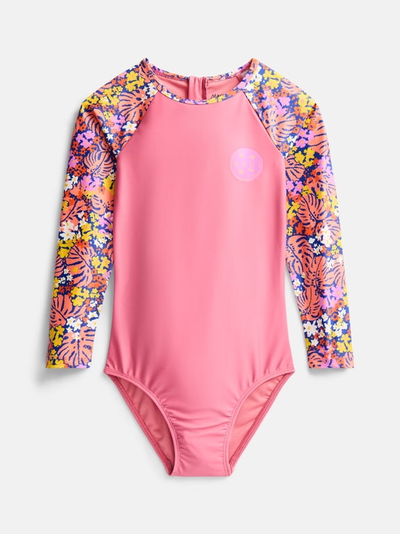 Girl's Maui Garden Long Sleeve One-Piece Swimsuit, High Performance Stretch Bathing Suit and Athletic Swimwear for Kids