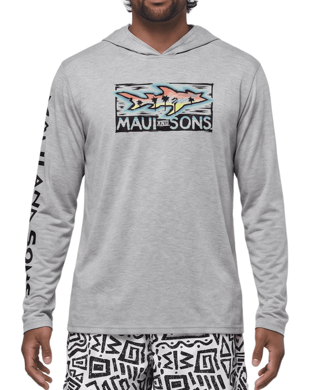 Maui and Sons Sunset Shark Heather Gray Hooded Long Sleeve Sun Shirt for Men Made With 50+ UPF Protection Moisture Wicking Fabric Designed for Everyday Comfort