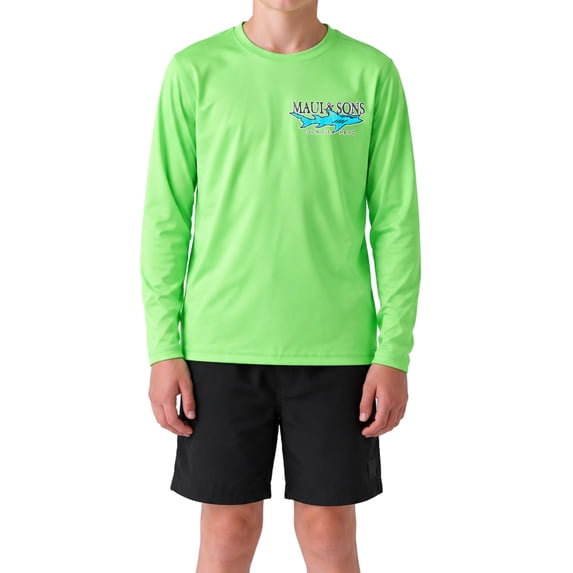 Maui and Sons Boy's Rooster Green Long Sleeve Sun Shirt Made With 50+ UPF Protection Moisture Wicking Fabric Designed for Everyday Comfort