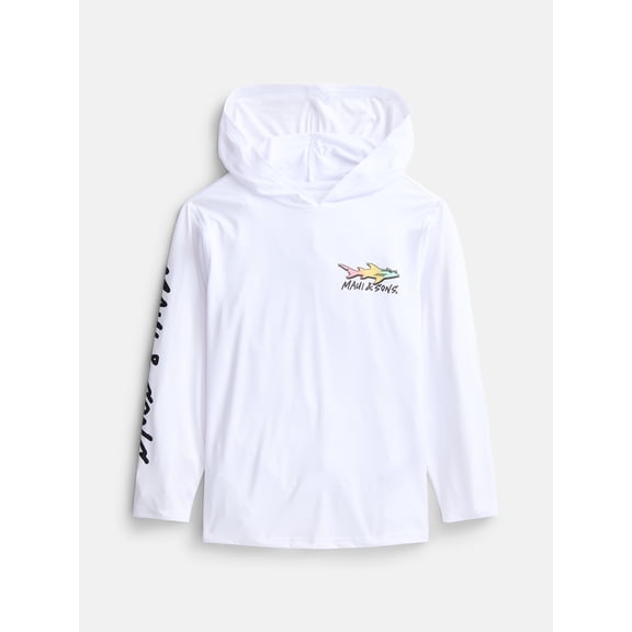 Maui and Sons Boy's Straight Edge White Hooded Long Sleeve Sun Shirt Made With 50+ UPF Protection Moisture Wicking Fabric Designed for Everyday Comfort