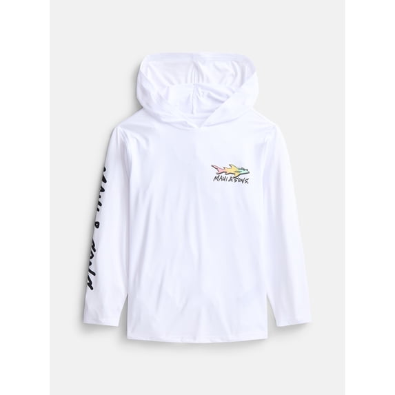 Maui and Sons Boy's Straight Edge White Hooded Long Sleeve Sun Shirt Made With 50+ UPF Protection Moisture Wicking Fabric Designed for Everyday Comfort