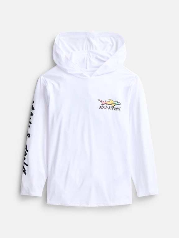 Boy's Straight Edge White Hooded Long Sleeve Sun Shirt Made With 50+ UPF Protection Moisture Wicking Fabric Designed for Everyday Comfort
