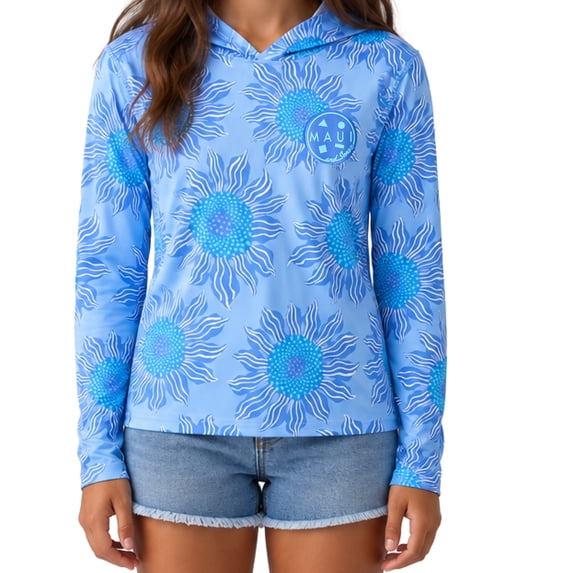 Maui and Sons Girl's Sunflower Hooded Long Sleeve Sun Shirt Made With 50+ UPF Protection Moisture Wicking Fabric Designed for Everyday Comfort