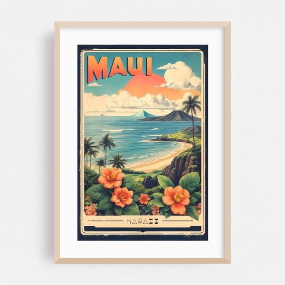 Maui's Vintage Charm: Retro Travel Poster - Hawaii Illustration Oak Framed Wall Art Print 24 x 36 inches