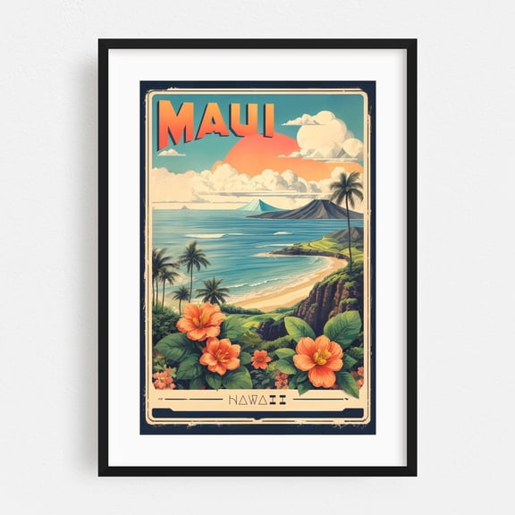 Maui's Vintage Charm: Retro Travel Poster - Hawaii Illustration Vintage Poster Travel Poster Tropical Beach Palm Tree Flowers Black Framed Wall Art Print 5 x 7 inches