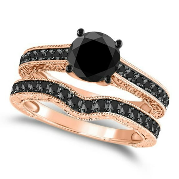 Mauli Jewels 1.50 Carat Black Rhodium Plated Black Diamond Engagement Rings for Women, 4-Prong Setting in 10K Rose Gold, Gifts for Her