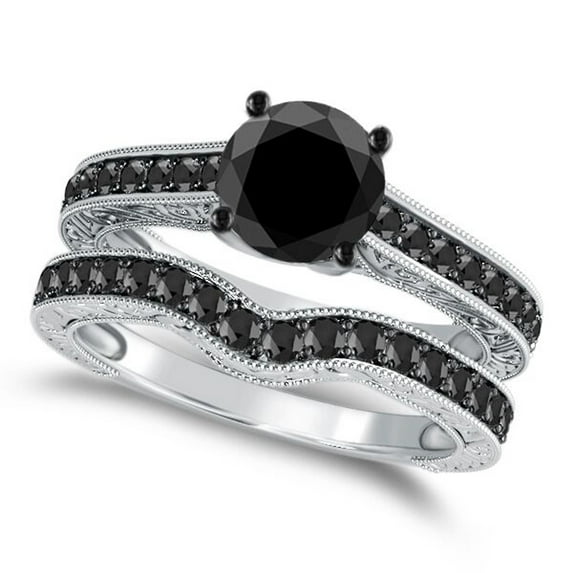 Mauli Jewels 1.50 Carat Black Rhodium Plated Black Diamond Engagement Rings for Women, 4-Prong Setting in 10K White Gold, Gifts for Her