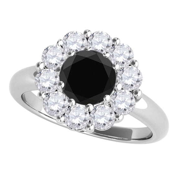 Mauli Jewels 2.00 Carat Black Diamond Halo Engagement Ring for Women in 10K White Gold, 4 Prong Black & White Diamond Bridal Ring, Size 7.5