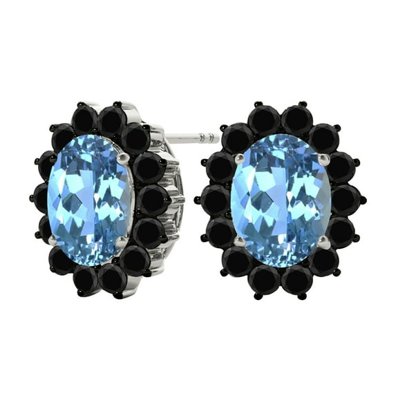 Mauli Jewels Ear Rings for Women 3.45 Carat Oval Shape Blue-topaz And Natural Black Diamond Stud Earrings Carat 10K White Gold/Yellow Gold 4 Prong-Setting