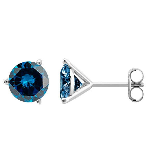 Mauli Jewels Ear Rings for Women 1.00 Carat Round Blue Diamond Martini Stud Earrings Carat 14K White Gold 3-prong