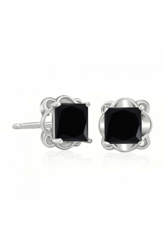 Ear Rings for Women 2.00 Carat Princess Shape Black Diamond Stud Earrings Carat 14K Solid White Gold 4 Prong-Setting