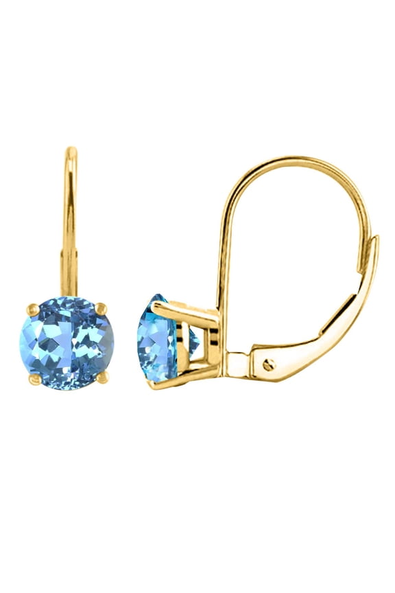 MauliJewels Earrings for Women 4.7 Carat 8MM Round Blue-Topaz Leverback Earrings Carat 14K Yellow Gold 4-prong