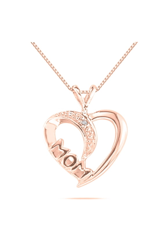 Engagement Necklace for Women 0.005 Carat Diamond And Mom Accented Heart Pendant prong 10K Rose Gold With 18'' Rose Rhodium Plated Silver Chain|Silver Chain