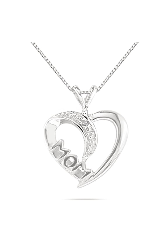 Engagement Necklace for Women 0.005 Carat Diamond And Mom Accented Heart Pendant prong 10K White Gold With 18'' White Rhodium Plated Silver Chain|Silver Chain