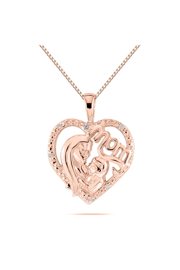 Engagement Necklace for Women 0.03 Carat Diamond Heart Mom Pendant prong 10K Rose Gold With 18'' Rose Rhodium Plated Silver Chain|Silver Chain