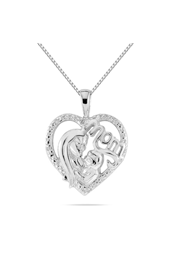 Engagement Necklace for Women 0.03 Carat Diamond Heart Mom Pendant prong 10K White Gold With 18'' White Rhodium Plated Silver Chain|Silver Chain