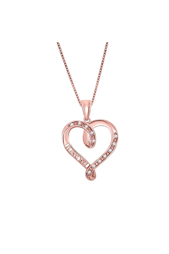 0.06 Ct White Diamond Heart “I Love You” Pendant Necklace for Women | 10K Rose, White & Yellow Gold | 18" Box Chain