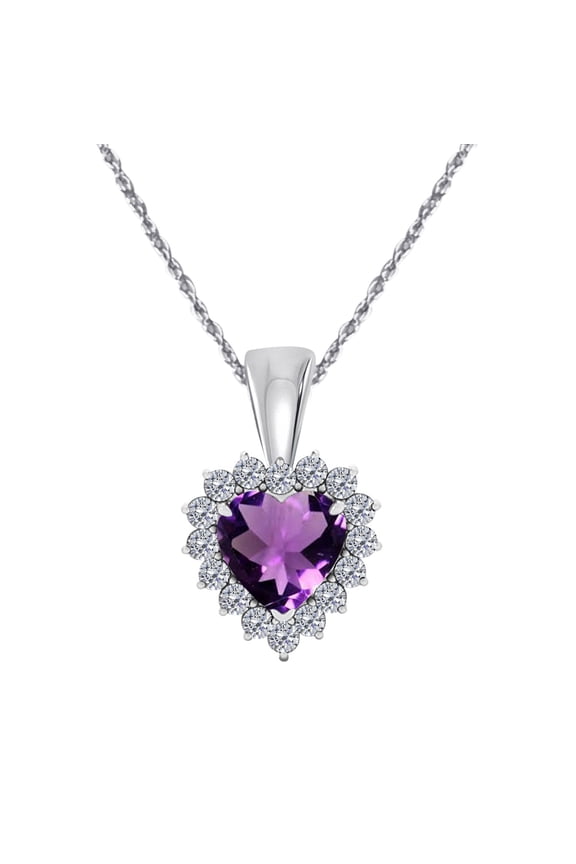 Engagement Necklace for Women 0.80 Carat Heart Shape Amethsyt And Diamond Pendan 4 Prong-Setting 10K White & Yellow Gold With 18'' Chain|Silver Chain