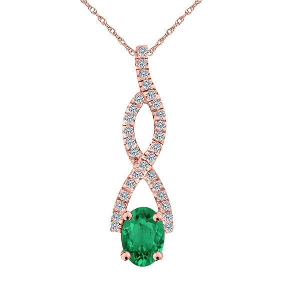 Mauli Jewels Engagement Necklace for Women 1.1 Carat Diamond And Oval Shape Created Emerald Pendant 4 Prong-Setting 14K Rose Gold With 18'' Chain|Silver Chain