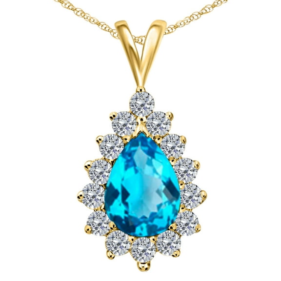 Mauli Jewels Engagement Necklace for Women 1.55 Carat Pear Shape Blue-Topaz And Diamond Teardrop Gemstone Pendant 4 Prong-Setting 10K Rose White & Yellow Gold With 18 Chain |Silver Chain