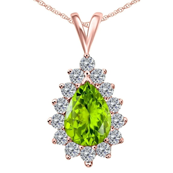 Mauli Jewels Engagement Necklace for Women 1.55 Carat Pear Shape Peridot And White Diamond Pendant Prong-Setting 10K Rose Gold With 18 Box Chain|Silver Chain