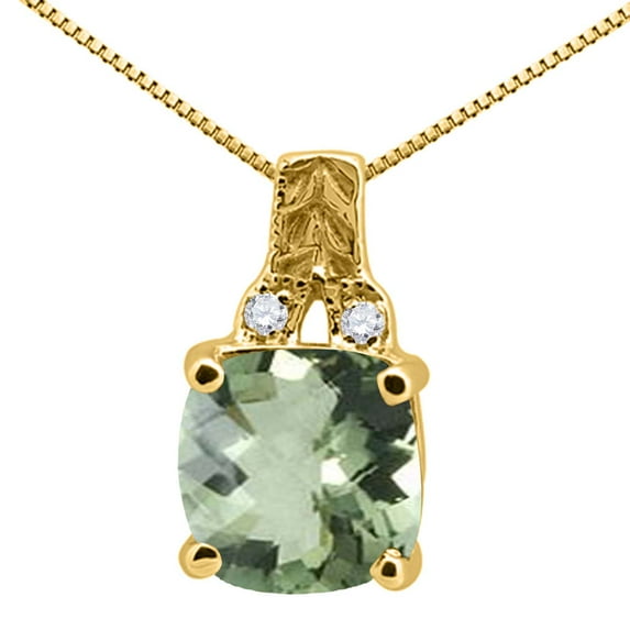 Mauli Jewels Engagement Necklace for Women 2.50 Carat Cushion Shaped Green Amethyst and Round Shaped Diamond Pendant 4-prong 10K Yellow Gold|Silver Chain