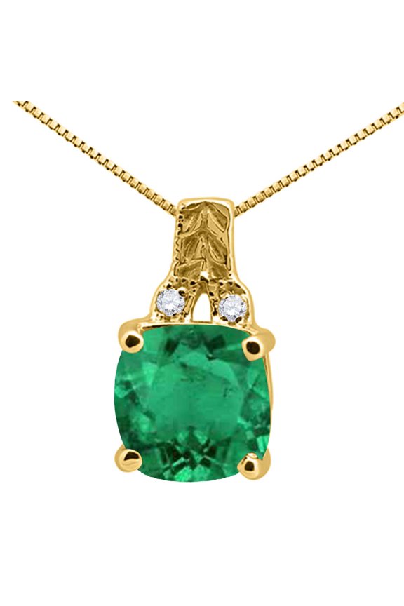 Engagement Necklace for Women 2.50 Carat Cushion Shaped Lab Created Emerald and Round Shaped Diamond Pendant 4-prong 10K Yellow Gold|Silver Chain