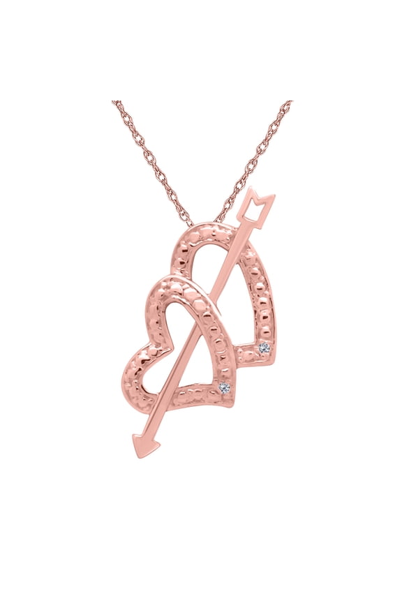Engagement Necklace for Women 0.01 Carat Arrow Double Heart Diamond Pendant 4 prongs 10K Rose Gold With 18'' Chain|Silver Chain