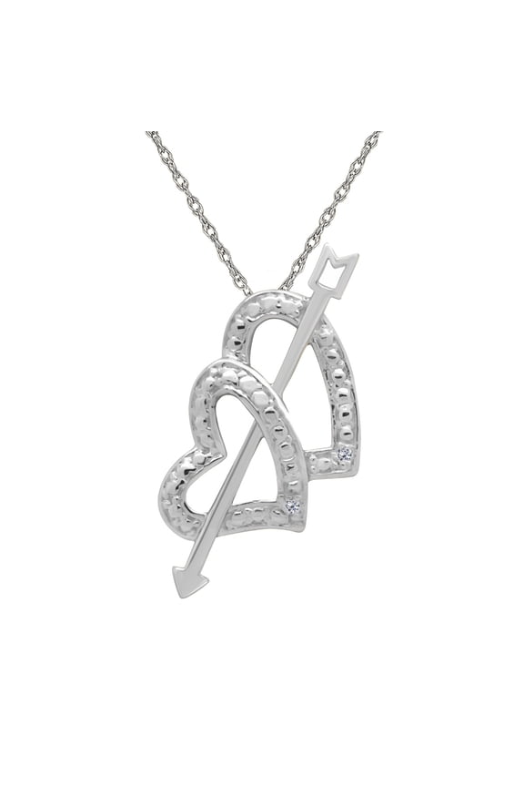 Engagement Necklace for Women 0.01 Carat Arrow Double Heart Diamond Pendant 4 prongs 10K White Gold With 18'' Chain|Silver Chain