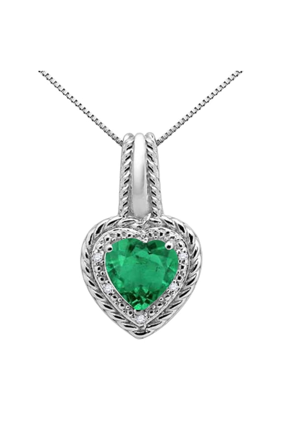 Engagement Necklace for Women 1.85 Carat Heart Shaped Lab Created Emerald and Diamond Pendant 4-prong 10K White Gold|Silver Chain