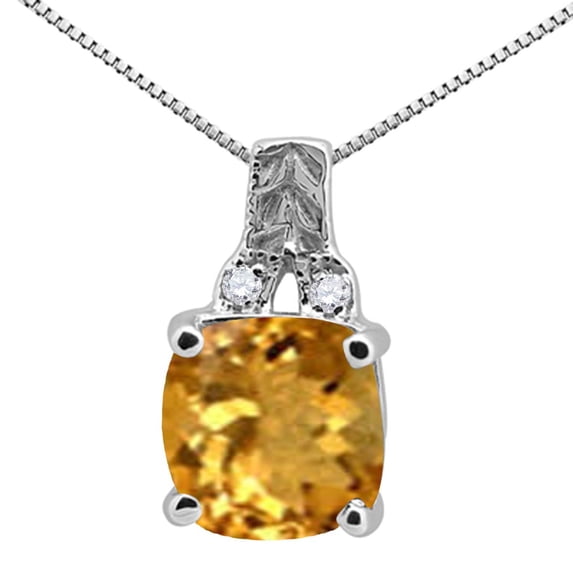 Mauli Jewels Engagement Necklace for Women 2.35 Carat Cushion Shaped Citrine and Round Shaped Diamond Pendant 4-prong 10K White Gold|Silver Chain